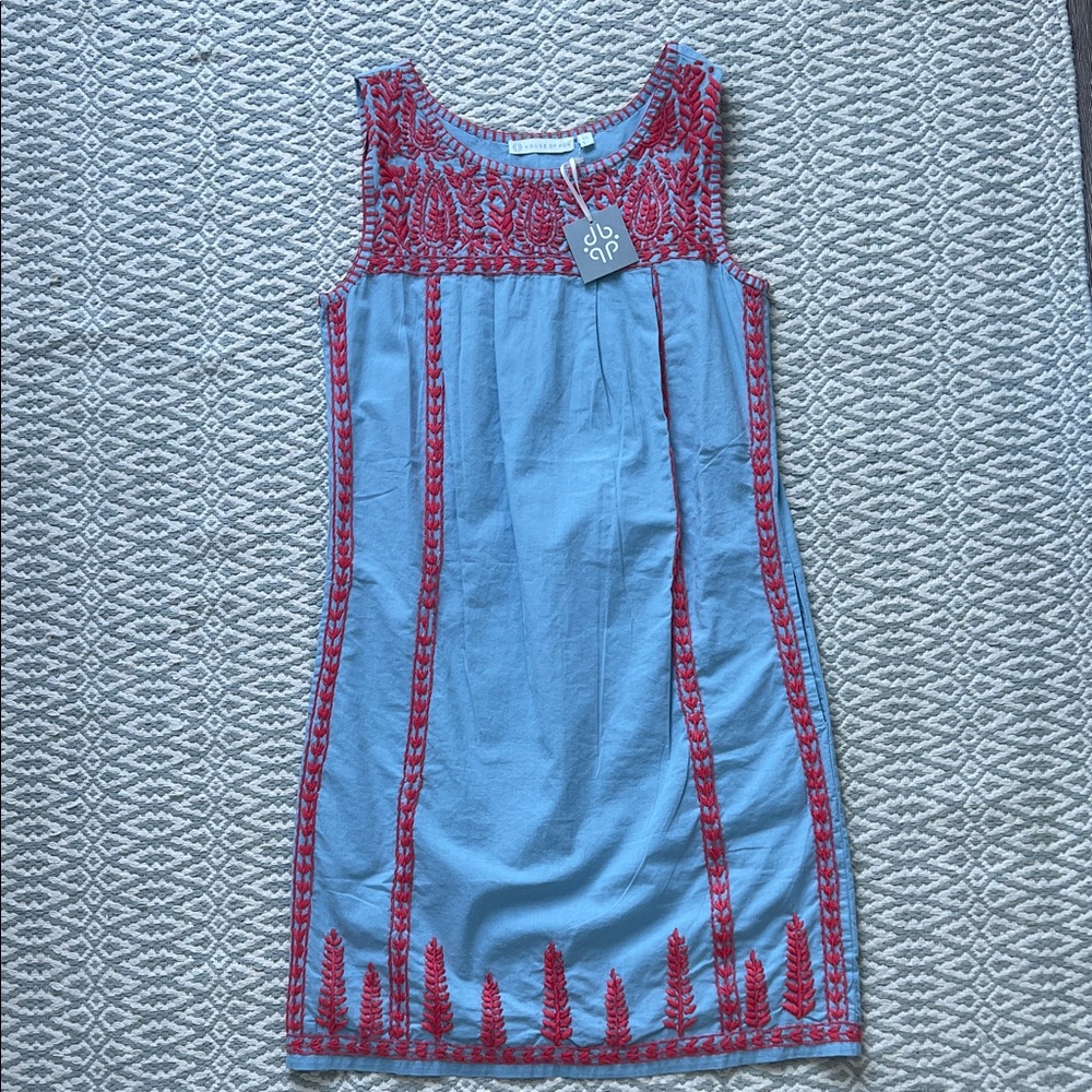 Blue Sleeveless Mini Dress with Coral Embroidery